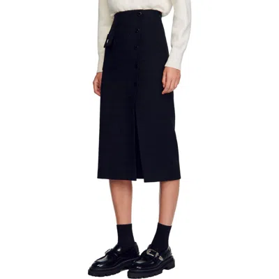 Sandro Tzara Button Tweed Midi Skirt In Black
