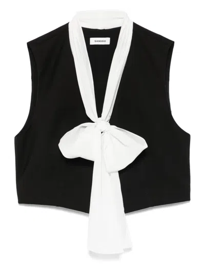Sandro Womens Black Bow-neck Sleeveless Cropped Stretch-woven Top