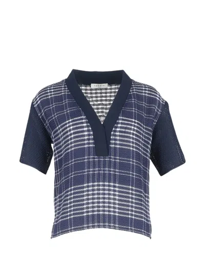 Pre-owned Sandro V-neck Check Top In Blue