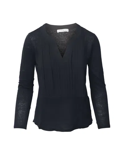 Sandro V-neck Pleated Long Sleeve Top In Black Cotton