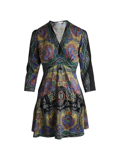 Pre-owned Sandro V-neck Printed Mini Dress In Black