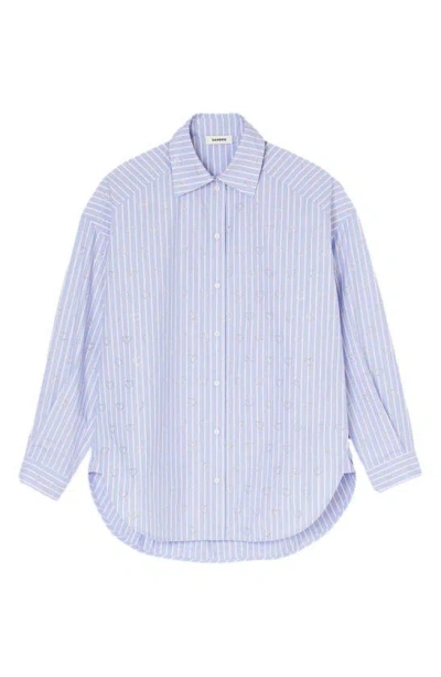 Sandro Valentine Stripe Rhinestone Heart Cotton Button-up Shirt In Sky Blue