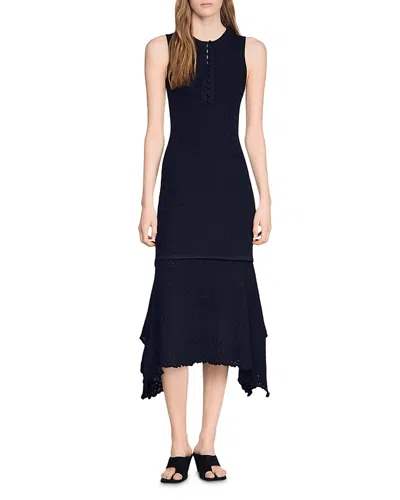 Sandro Valmaretta Asymmetric Knit Midi Dress In Blue