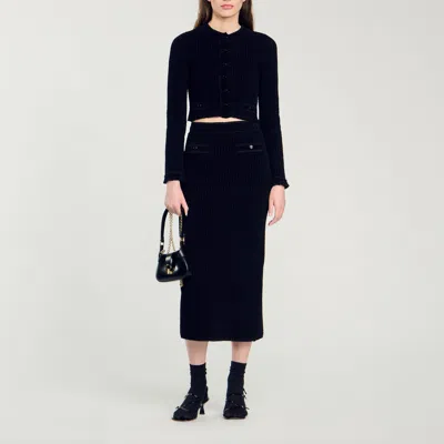 Sandro Velvet Knit Cropped Cardigan In Black
