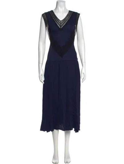 Pre-owned Sandro V-neck Long Dress In Blue