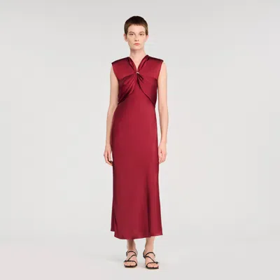 Sandro Womens Bordeaux V-neck Sleeveless Satin Maxi Dress In Red