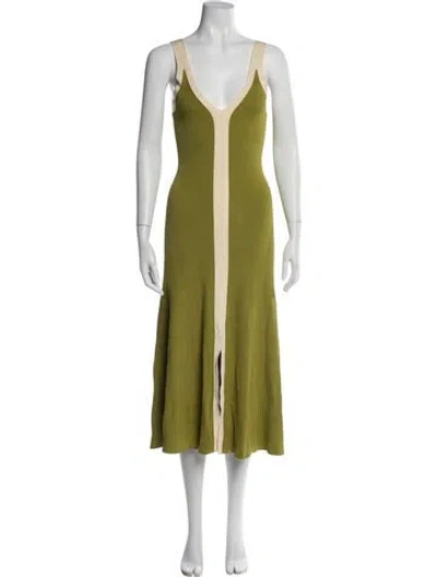 Pre-owned Sandro V-neck Midi Length Dress In Green