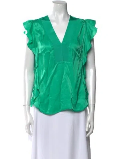 Pre-owned Sandro V-neck Short Sleeve Blouse In Green