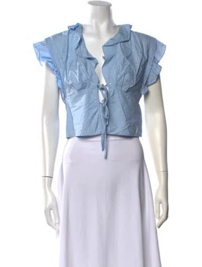 Pre-owned Sandro V-neck Short Sleeve Crop Top In Blue