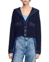 Sandro Womens Denim-trim Terry-knit Cotton-blend Cardigan Bleus In Navy Blue