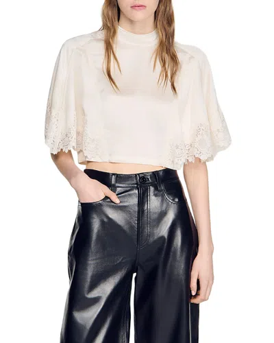 Sandro Womens Lace-trim Cropped Satin Top Ecru In White