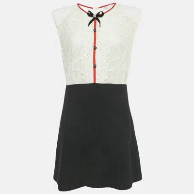 Pre-owned Sandro White /black Lace & Tweed Bow Detailed Mini Dress L