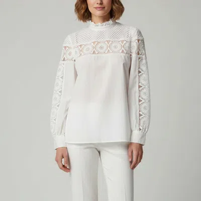 Sandro White Cotton And Lace Paneled Blouse