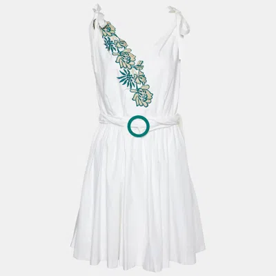 Sandro White Cotton Applique Detail Belted Mini Dress