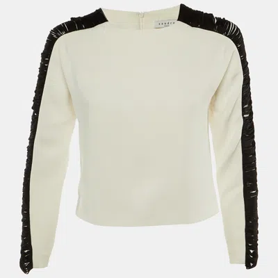 Sandro White Crepe Contrast Sleeve Detail Top