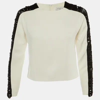 Pre-owned Sandro White Crepe Contrast Sleeve Detail Top S