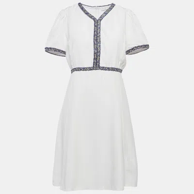 Pre-owned Sandro White Crepe Tweed Trim Mini Dress L