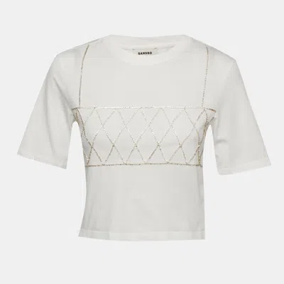 Sandro White Crystal Embellished Jersey Cropped T-shirt