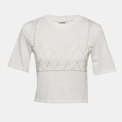 Pre-owned Sandro White Crystal Embellished Jersey Cropped T-shirt S