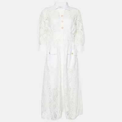Pre-owned Sandro White Embroidered Lace Midi Dress L