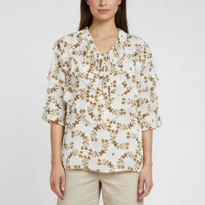 Pre-owned Sandro White Floral Butterfly Print Synthetic Ruffled Blouse M