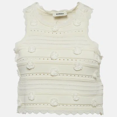 Pre-owned Sandro White Knit Pom Pom Detail Cut-out Crop Top M