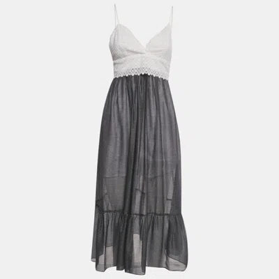 Pre-owned Sandro White /navy Blue Striped Lace & Crepe Midi Dress M