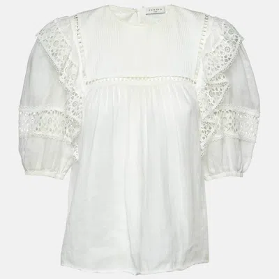Sandro White Ramie Lace Trim Ruffled Top