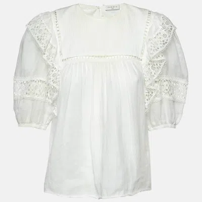Pre-owned Sandro White Ramie Lace Trim Ruffled Top L