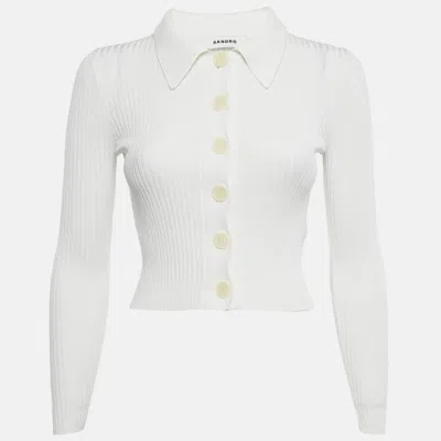 Pre-owned Sandro White Rib Knit Button Front Fitted Top Xs