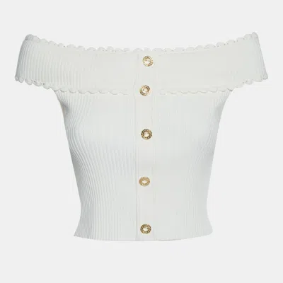 Pre-owned Sandro White Rib Knit Off-shoulder Crop Top M