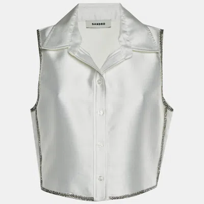 Pre-owned Sandro White Satin Crystal Detail Gleam Shirt L