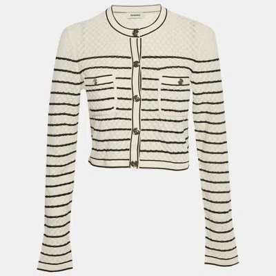 Pre-owned Sandro White Striped Crochet Knit Cropped Cardigan L