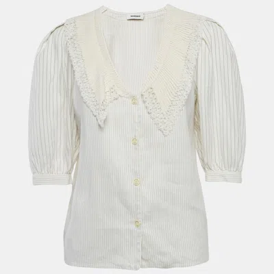 Pre-owned Sandro White Striped Linen Blend Crochet Collar Shirt M