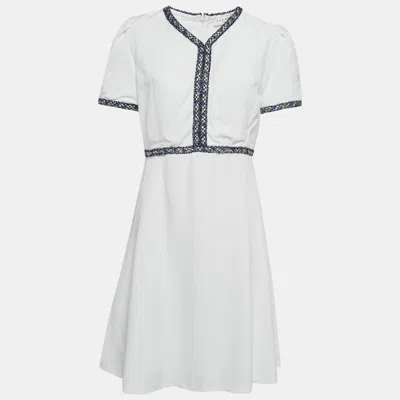 Sandro White Textured Crepe Trim Detail Mini Dress In Gray