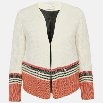 Pre-owned Sandro White Tweed Striped Hook Front Jacket M