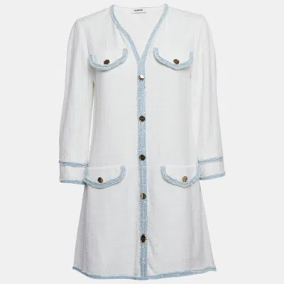 Pre-owned Sandro White Tweed V-neck Short Dress M