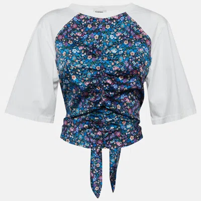 Pre-owned Sandro White/blue Floral Print Cotton Knit And Crepe Ruched Top S