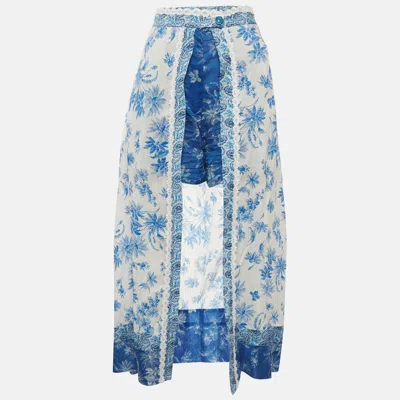 Sandro White/blue Floral Print Linen Blend Shorts Overlay Skirt