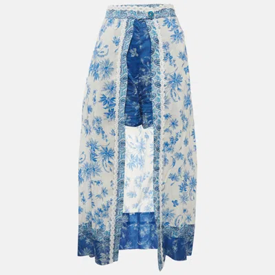 Pre-owned Sandro White/blue Floral Print Linen Blend Shorts Overlay Skirt Xl