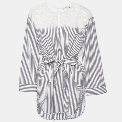 Sandro White/blue Striped Cotton Lace Trim Dorothee Top In Gray