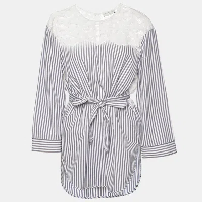 Pre-owned Sandro White/blue Striped Cotton Lace Trim Dorothee Top L
