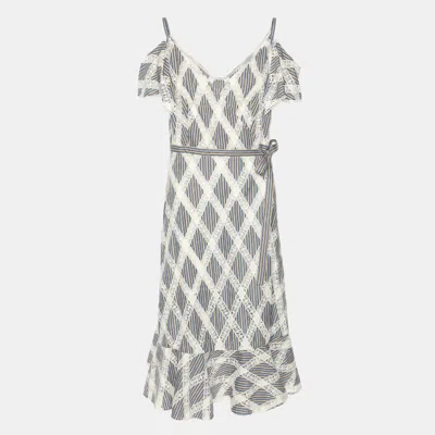 Pre-owned Sandro White/multicolor Stripe Lace Diamond Pattern Midi Dress S