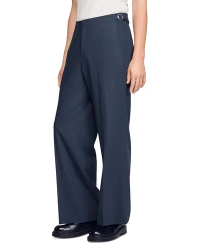 Sandro Wide Leg Boucle Wool Trousers In Blue
