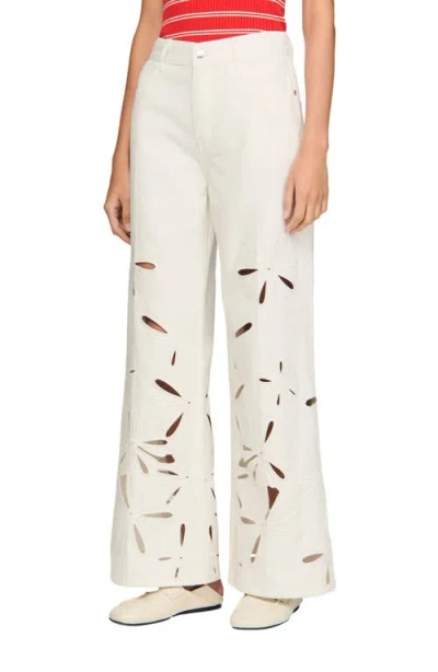 Sandro Flo High Rise Wide Leg Embroidered Pants In Neutral
