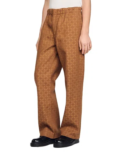Sandro Wide-leg Jacquard Square Cross Denim Trousers In Brown