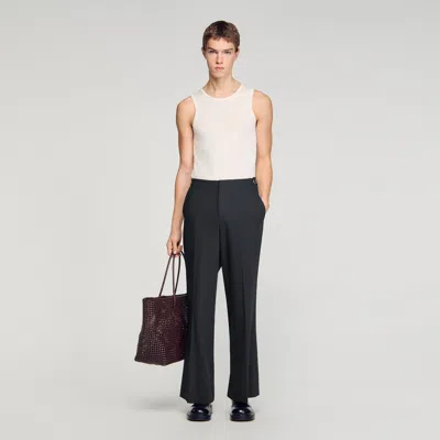 Sandro Wide-leg Wool Trousers With Buckles In Gray
