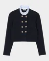 Sandro William Rib-knit Ruffled Collar Cardigan In Navy Blue