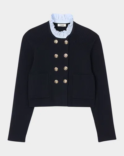 Sandro William Rib-knit Ruffled Collar Cardigan In Bleus