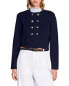 Sandro William Rib-knit Ruffled Collar Cardigan In Navy Blue